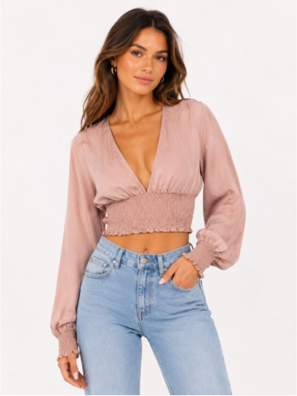 Forever 21 Blush Pink Satin Smocked Crop Top Long Sleeve V-Neck Size Small NWT